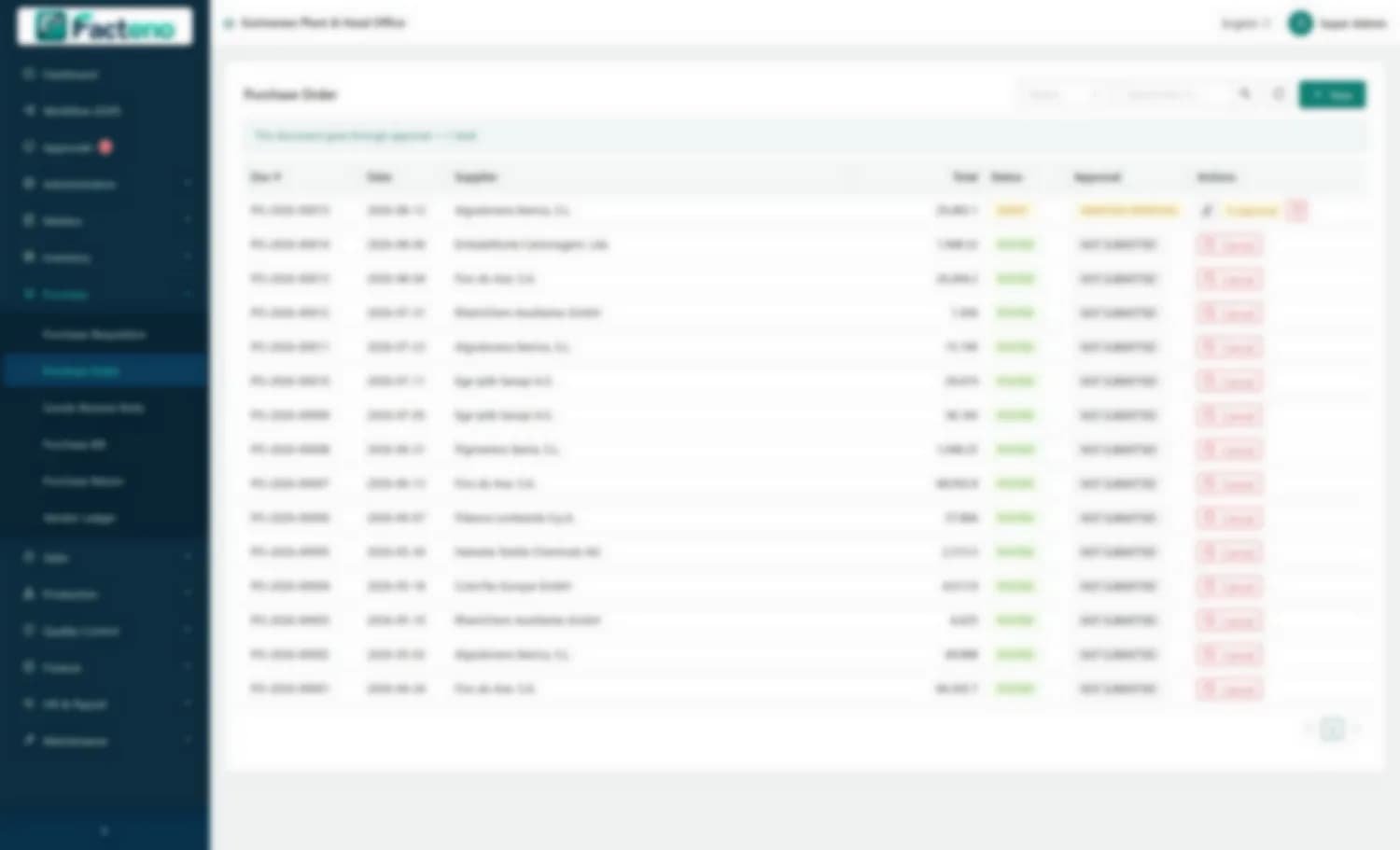 Purchase orders against requisitions with supplier, warehouse and approval state