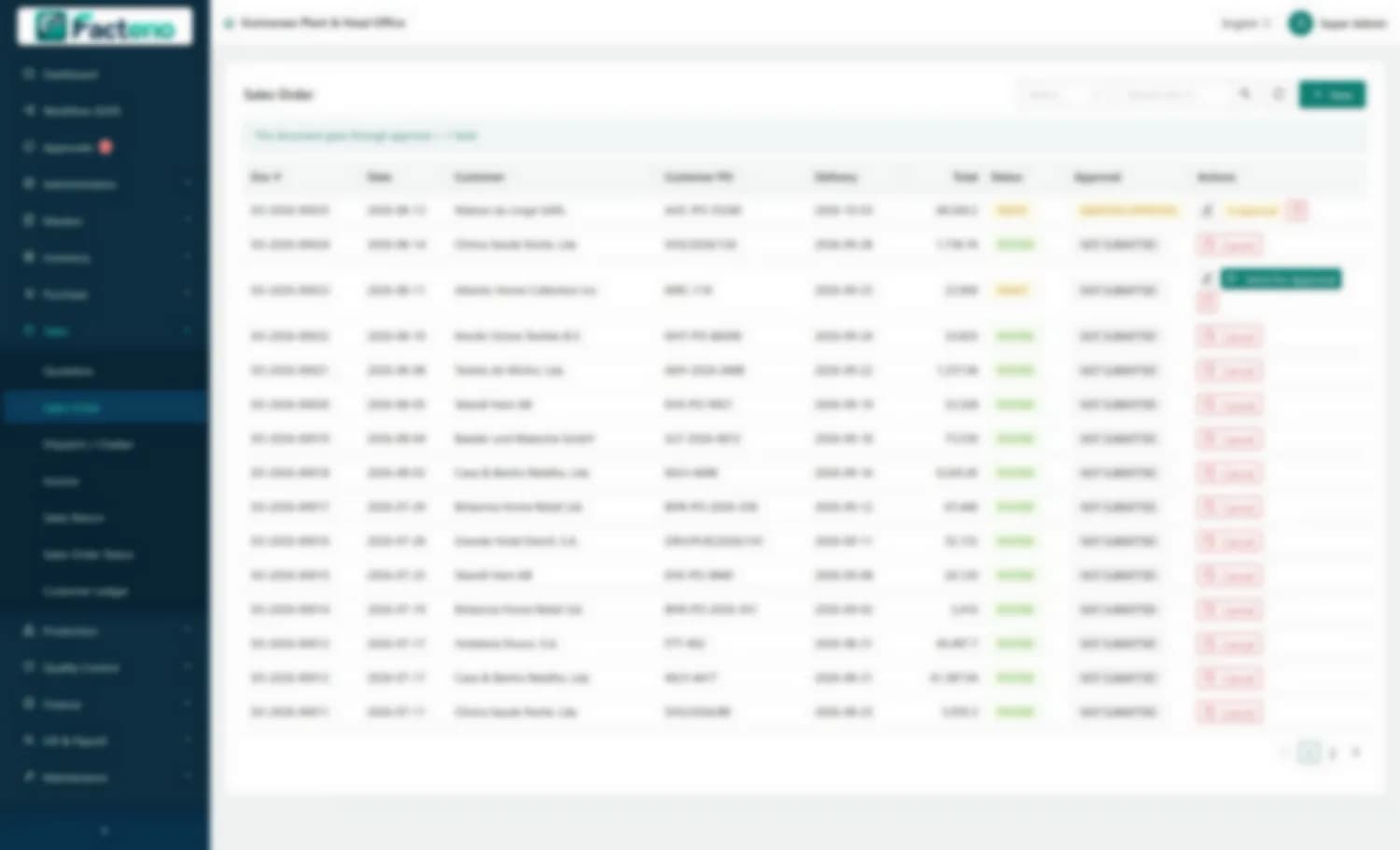 Sales order book with buyer orders, delivery dates, values and approval state