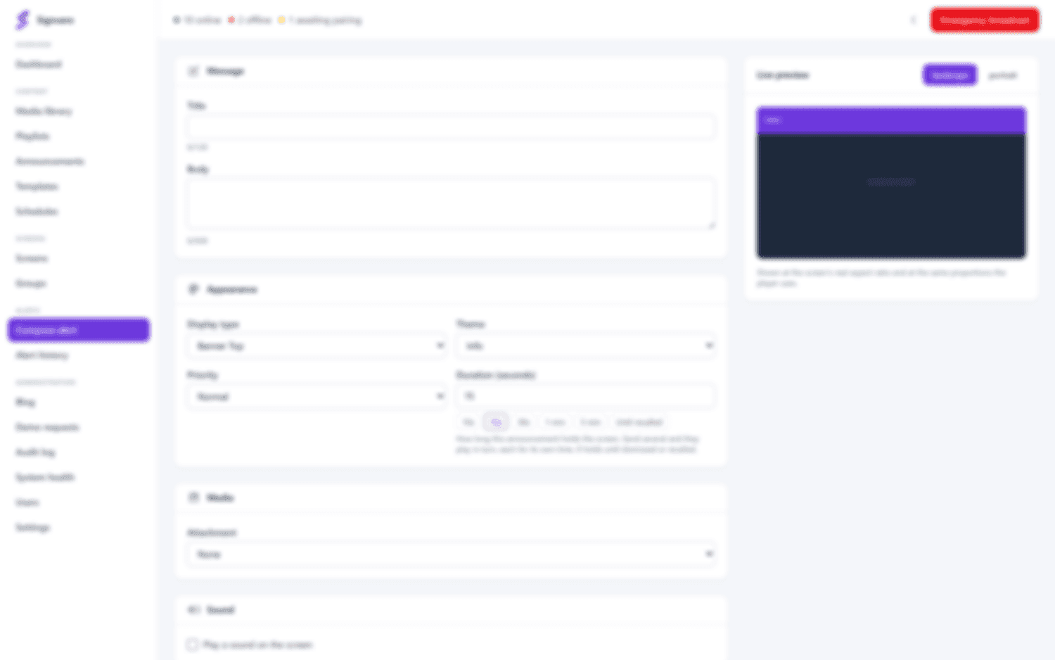 Composing an alert with layout, priority, duration and targets and a live preview