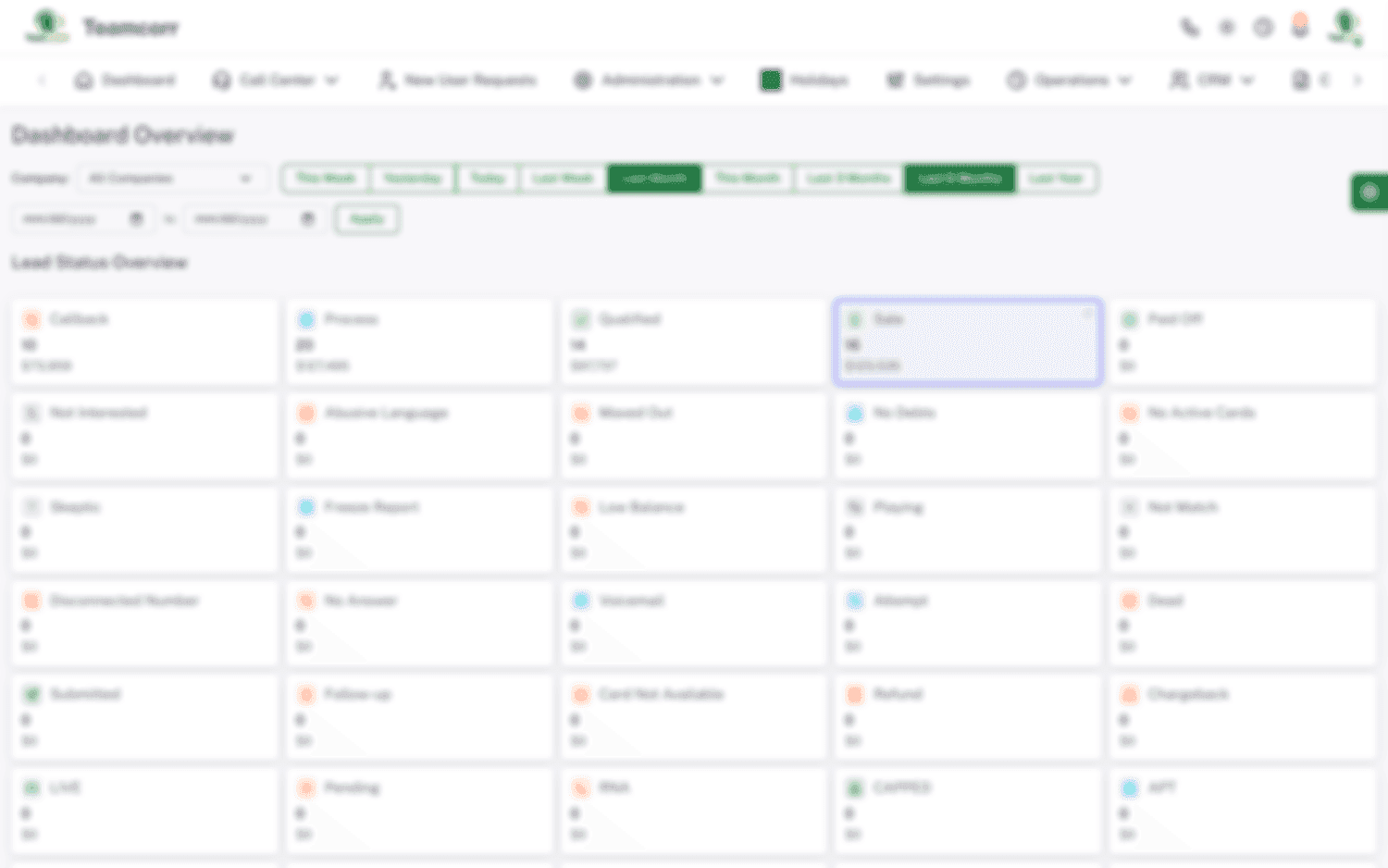 TeamCorr operations dashboard — lead status across stages with live counts and value, and date-range filters