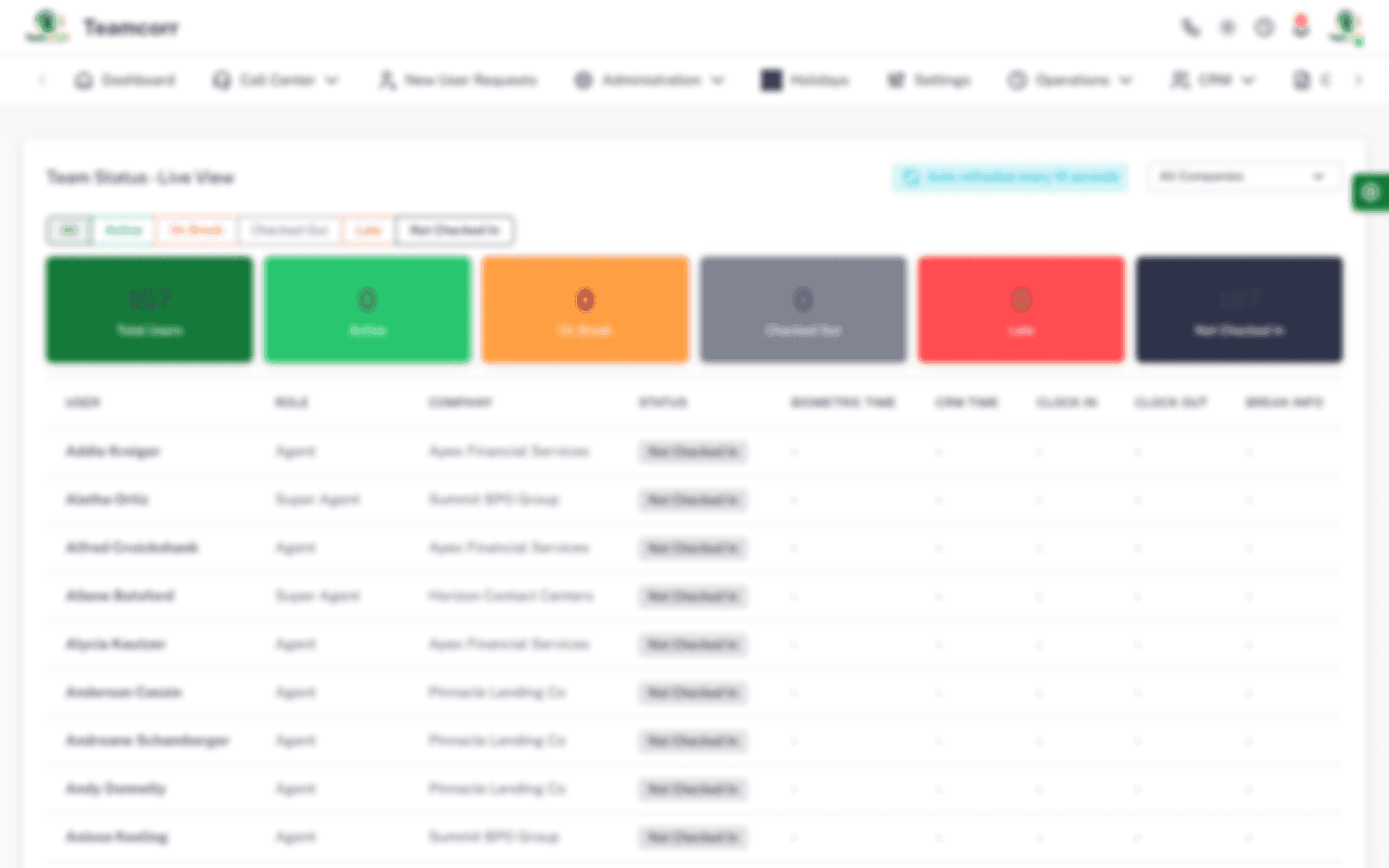 Real-time team status live view with colour-coded tiles for active, on break, late and checked out agents