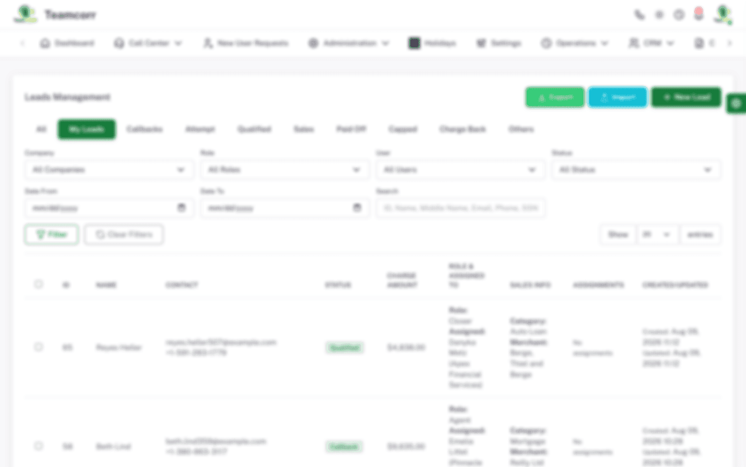Leads management table filtered by company, agent, status and campaign