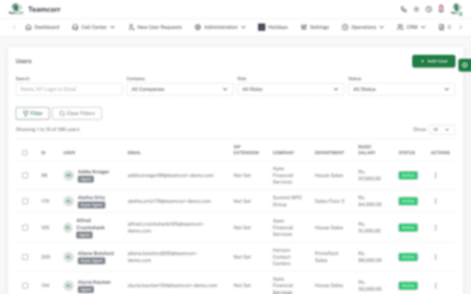 Team and user management across companies and departments with roles and SIP extensions
