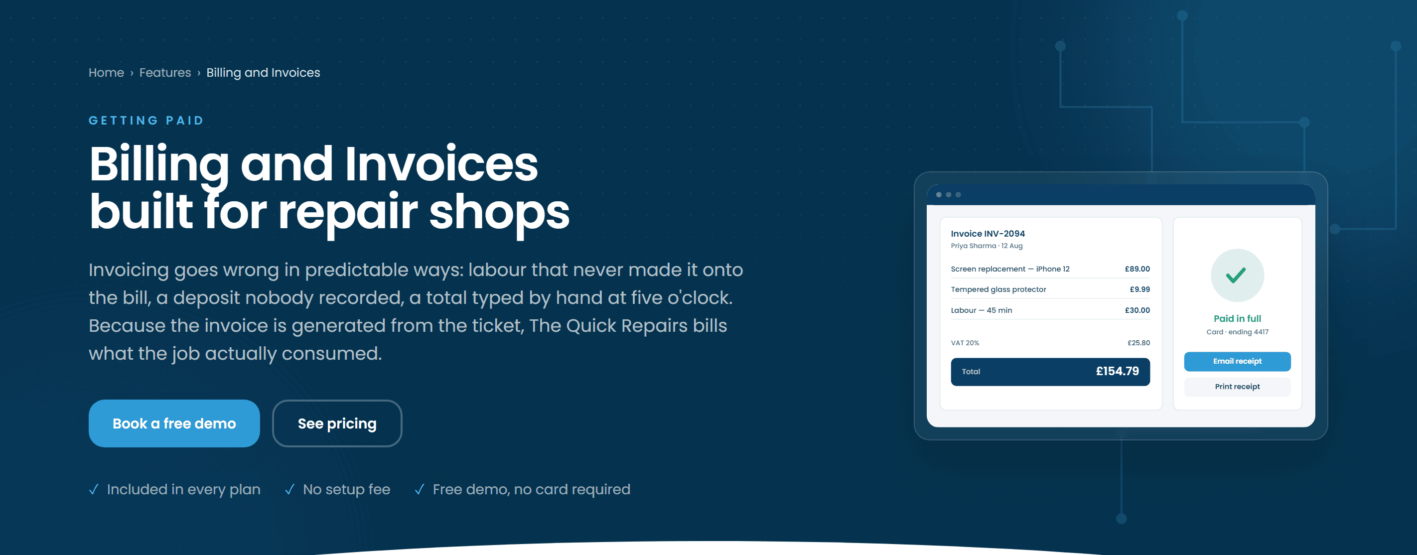 The Quick Repairs invoice — line items, VAT and total, marked paid in full with email and print receipt options